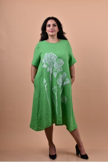 Макси рокля от лен в зелен десен /Универсален размер/ Модел: 1529