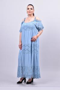 Дълга макси рокля с голи рамена в небесно син цвят /Универсален размер/ Модел:2217
