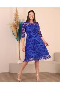 Изискана рокля с тюл в турско син десен /размери 2Xl,3Xl,4XL/ Модел:2288