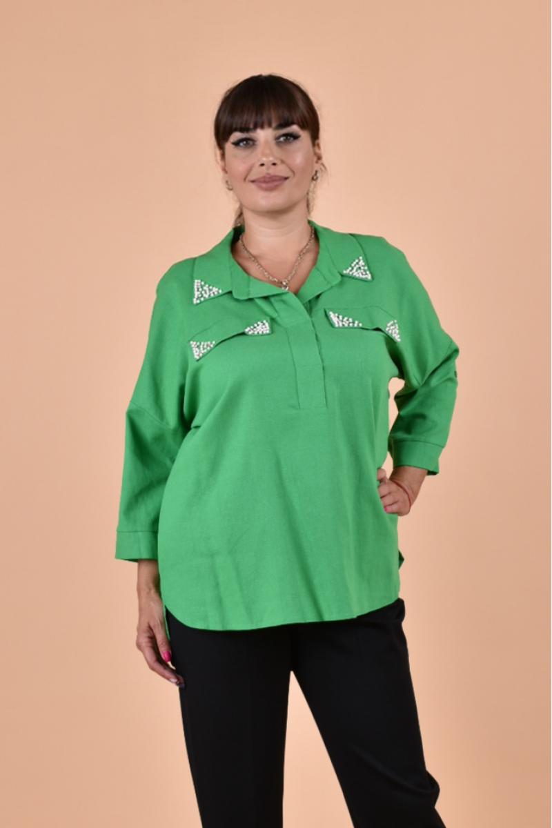 Макси риза в зелен цвят в комбинация с мини перли /размери 2XL,3XL,4XL/ Модел:2320