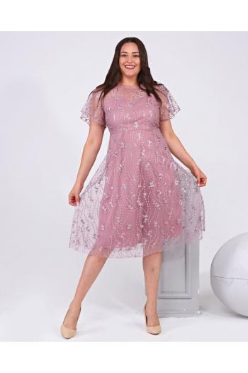 Елегантна дантелена рокля в цвят пепел от рози /размери 2XL,3XL,4XL/ Модел: 1638