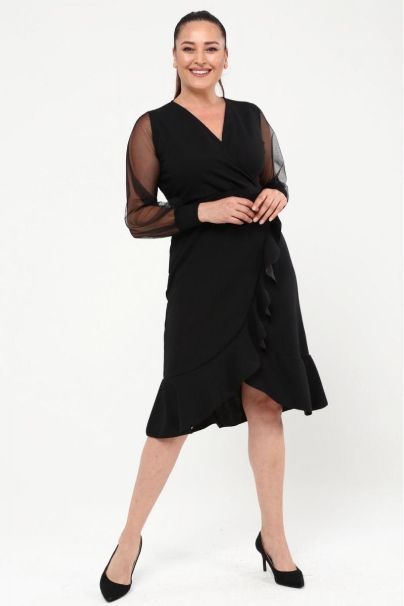 Елегантна рокля  с тюлени ръкави в черен цвят /размери 2XL,3XL,4XL/ Модел:1806