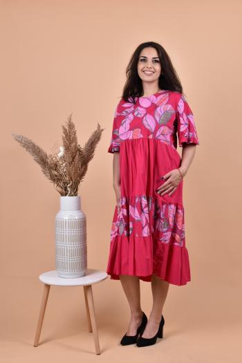 Нежна рокля с принт цветя в цвят корал /Универсален размер/ Модел:2057