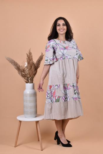 Нежна рокля с принт цветя в бежов десен /Универсален размер/ Модел:2060