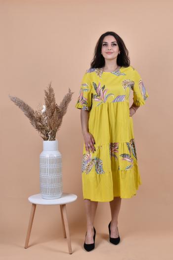 Нежна рокля с принт цветя в жълт десен /Универсален размер/ Модел:2059