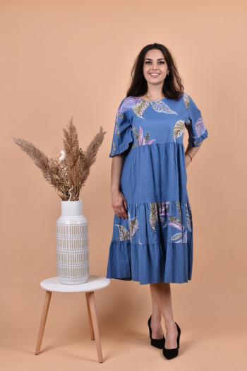 Нежна рокля с принт цветя в син дънков десен /Универсален размер/ Модел:2063